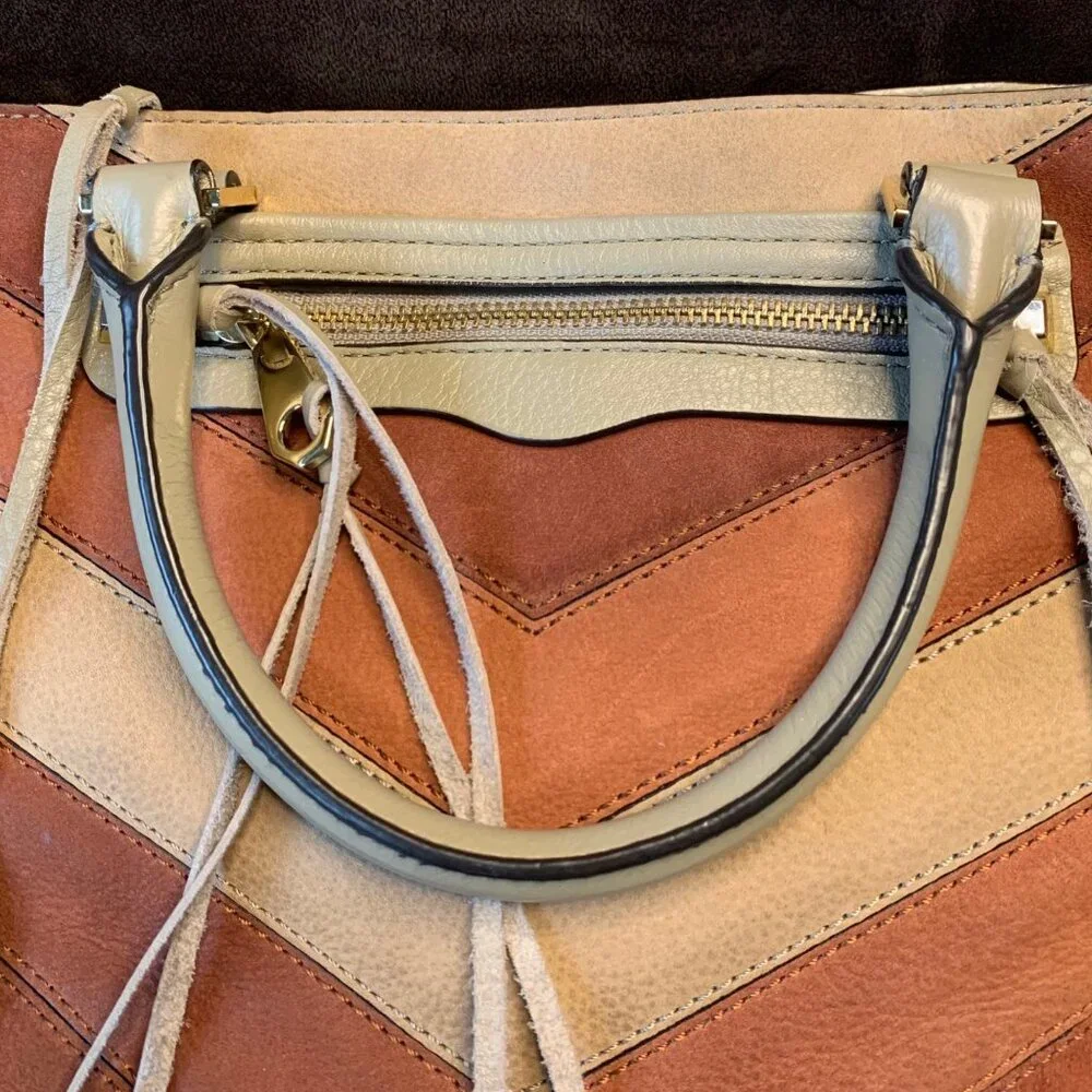 REBECCA MINKOFF Colorblock Chevron Satchel Big Regan Handbag Leather Purse Bag - Picture 8 of 14